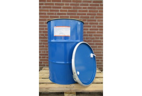 Gebruikte stalen dekselvat met spongat 210 liter. UN keur